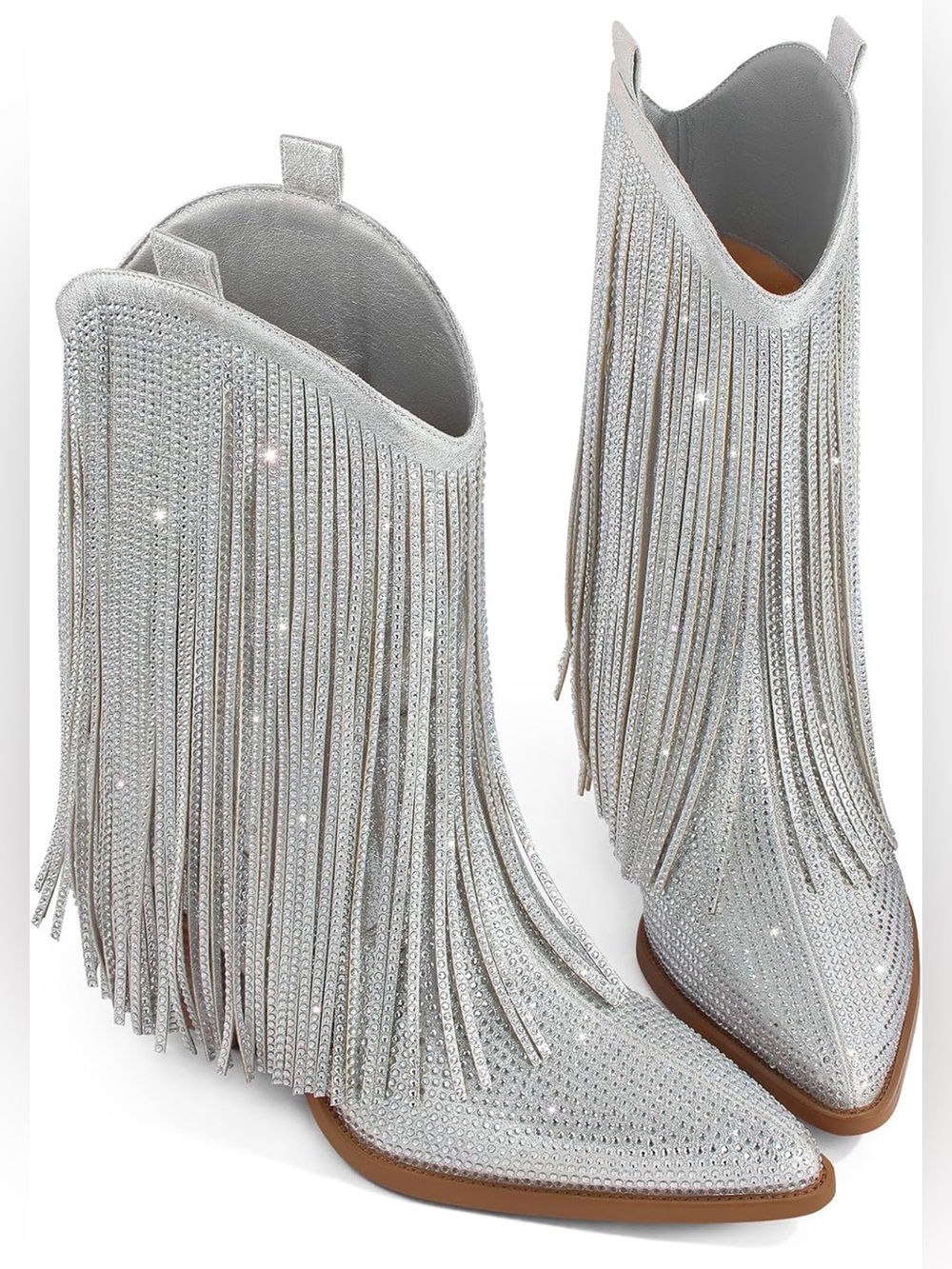 NWOT Women's Silver Fringe Rhinestone Pull-On Wide Calf Cowgirl Boots Size 9.5
